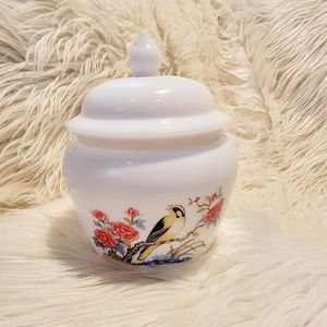 Vintage Avon Milk Glass with Lid Yellow Bird and Floral Design